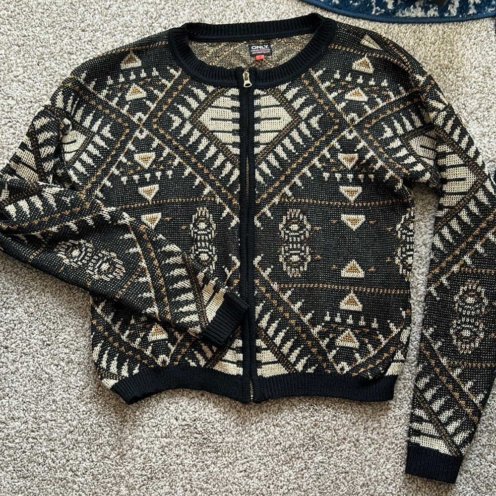 Only Black and Cream and Gold Geometric Zip-Front Cardigan